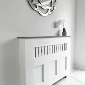 Elegant Grey Oak Radiator Cover with Fretwork Design