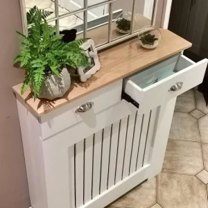 Vertical Slat Radiator Cover with a Solid Oak Top and Drawers