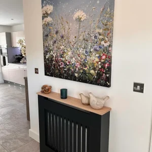 Black Vertical Slat Radiator Shield with Oak Top