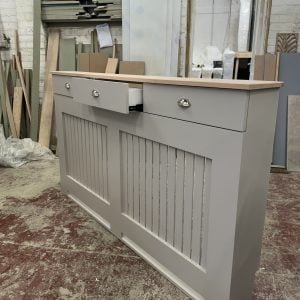 Elephants Breath Radiator Cover with drawers and vertical slat design and a light Solid Oak Top