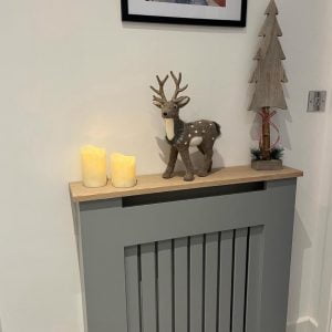 Grey Vertical Slat Radiator Cover with a Solid Oak Top