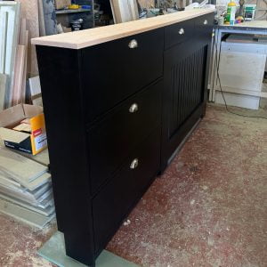 Black Radiator Cover with Shoe Storage and Light Oak Top