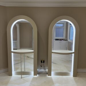 Bespoke salon mirror, Curved mirror, Hair stylish mirrored unit with rear storage & LED lights