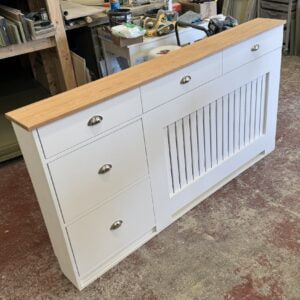 Radiator cover with shoe storage, Solid oak top shelf